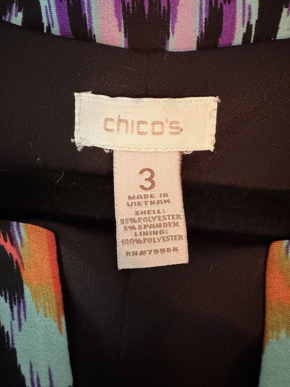 Chico’s Size 3 Ikat Tribal Print Midi Dress 3/4 Sleeve Stretch Boho Artsy - Picture 4 of 8